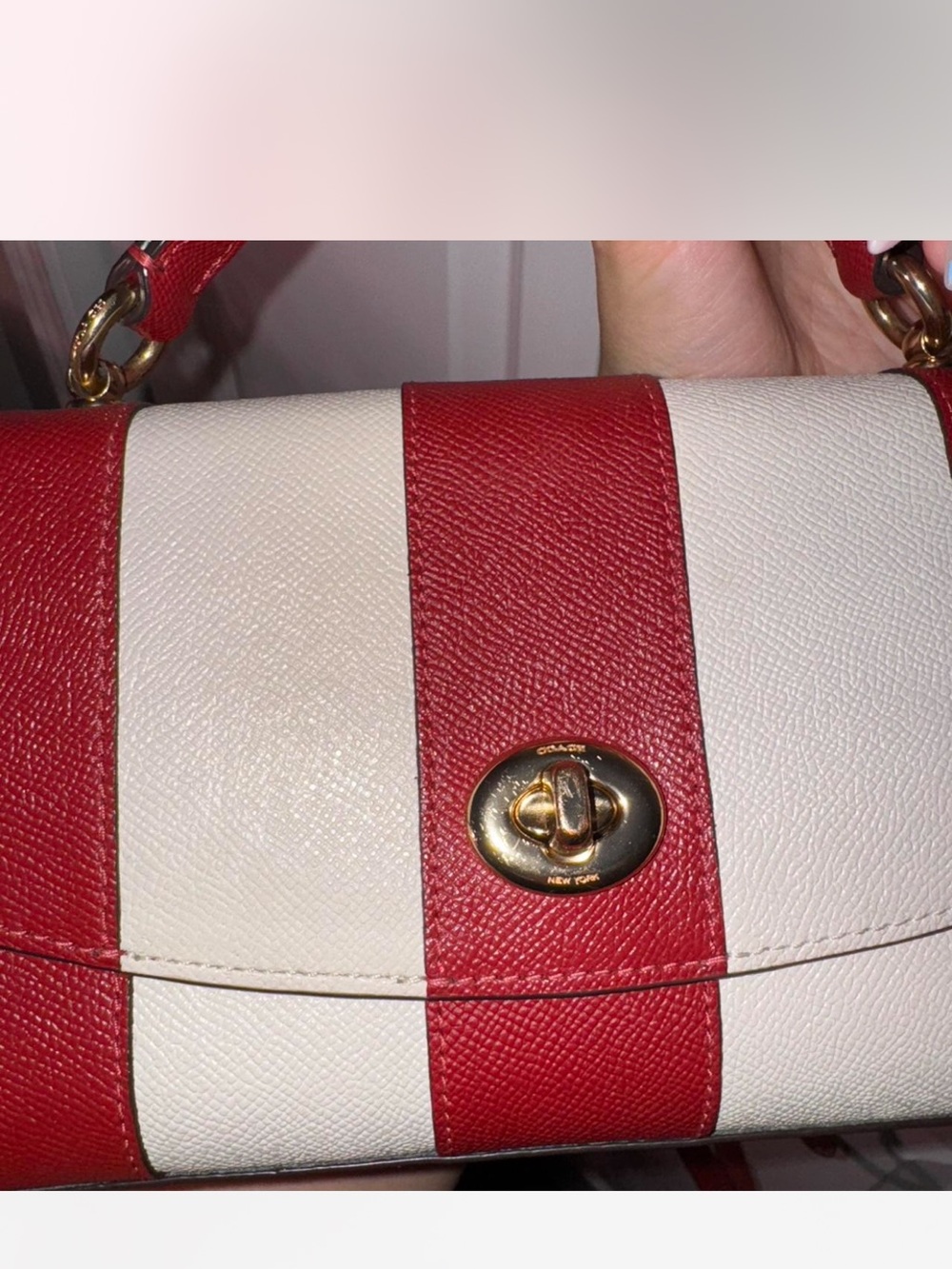 Coach Tilly Satchel 23 Striped Top-Handle Leather Satchel in Red and White - Picture 5 of 8